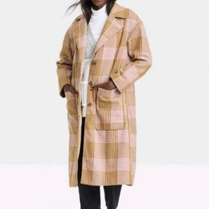 A New Day Pink Brown Plaid Coat Size XXL
